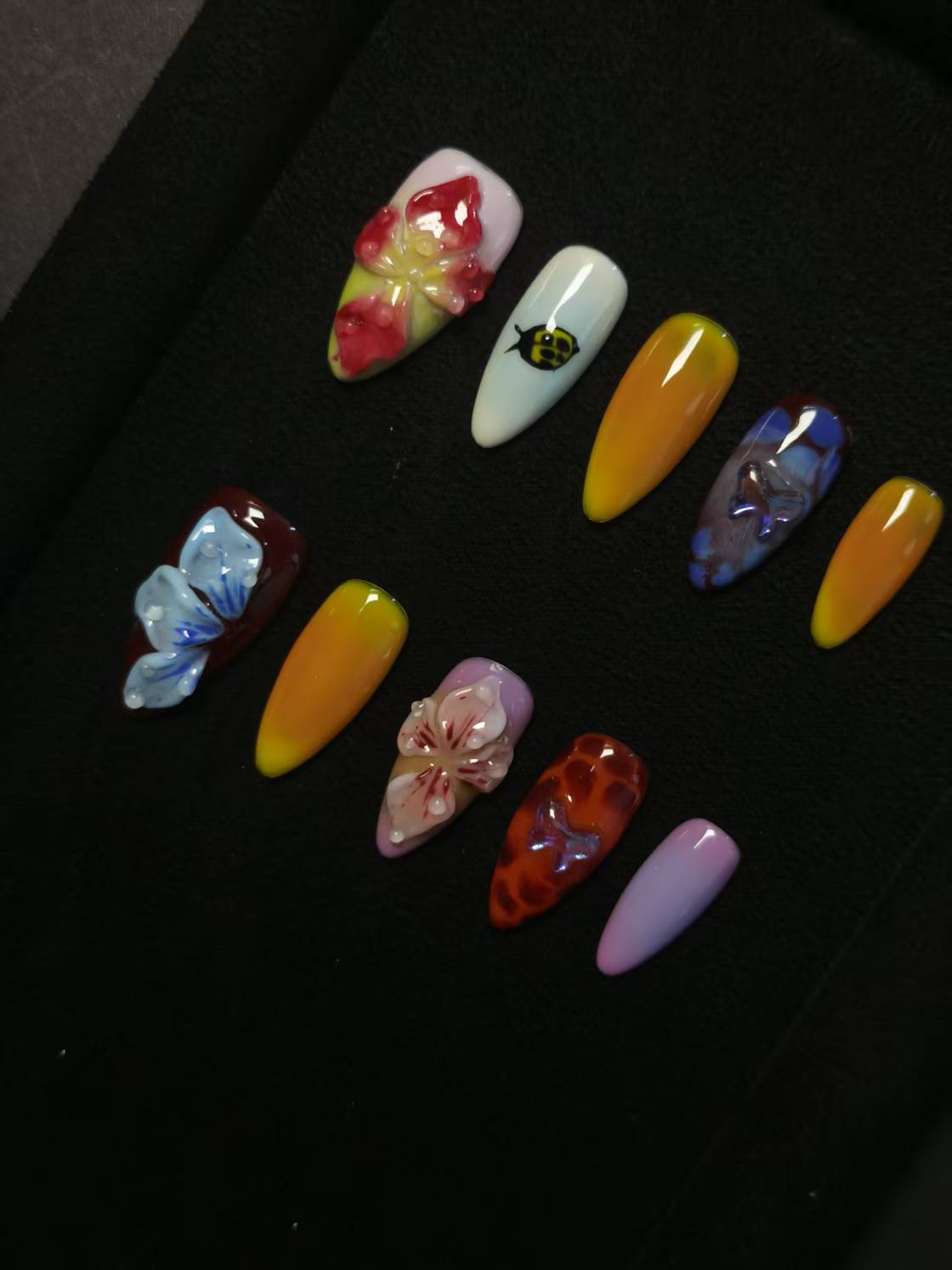 NO:1040 Acrylic 3D Flower Garden Design Press on nails Almond reusable durable trendy 2025