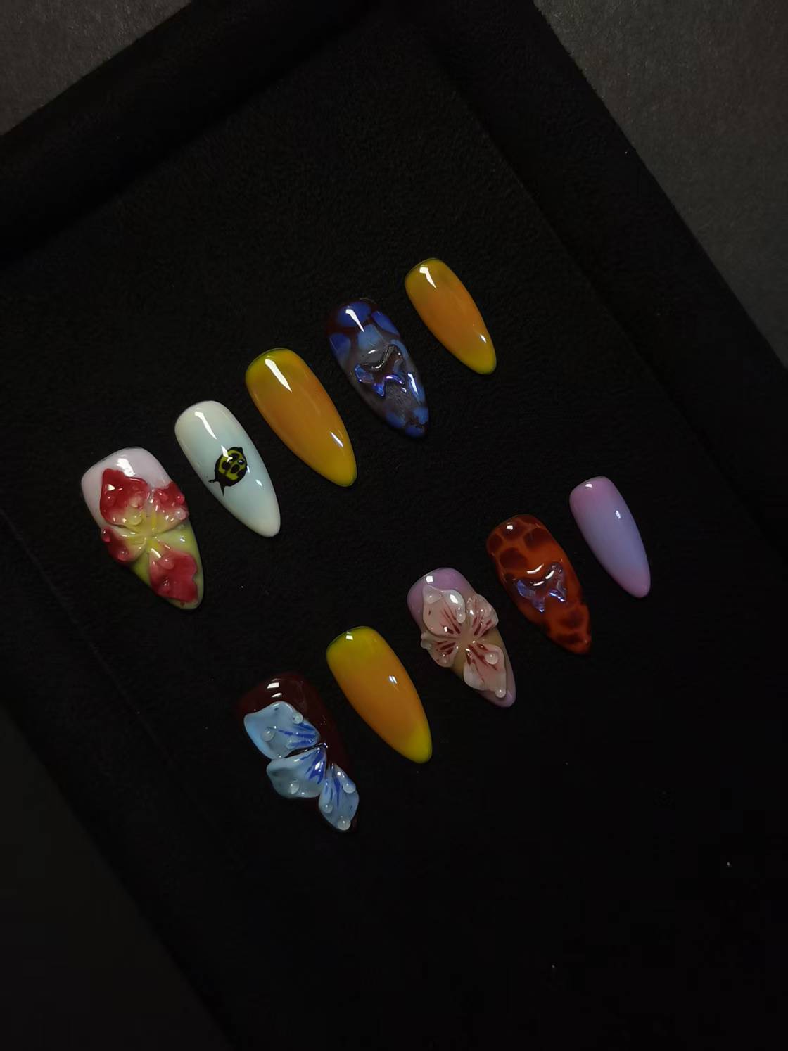 NO:1040 Acrylic 3D Flower Garden Design Press on nails Almond reusable durable trendy 2025