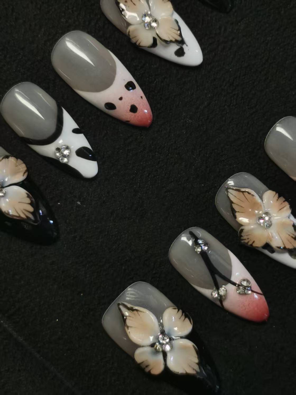 NO:1041 Acrylic 3D Flower Garden Design Press on nails Almond reusable durable trendy 2025