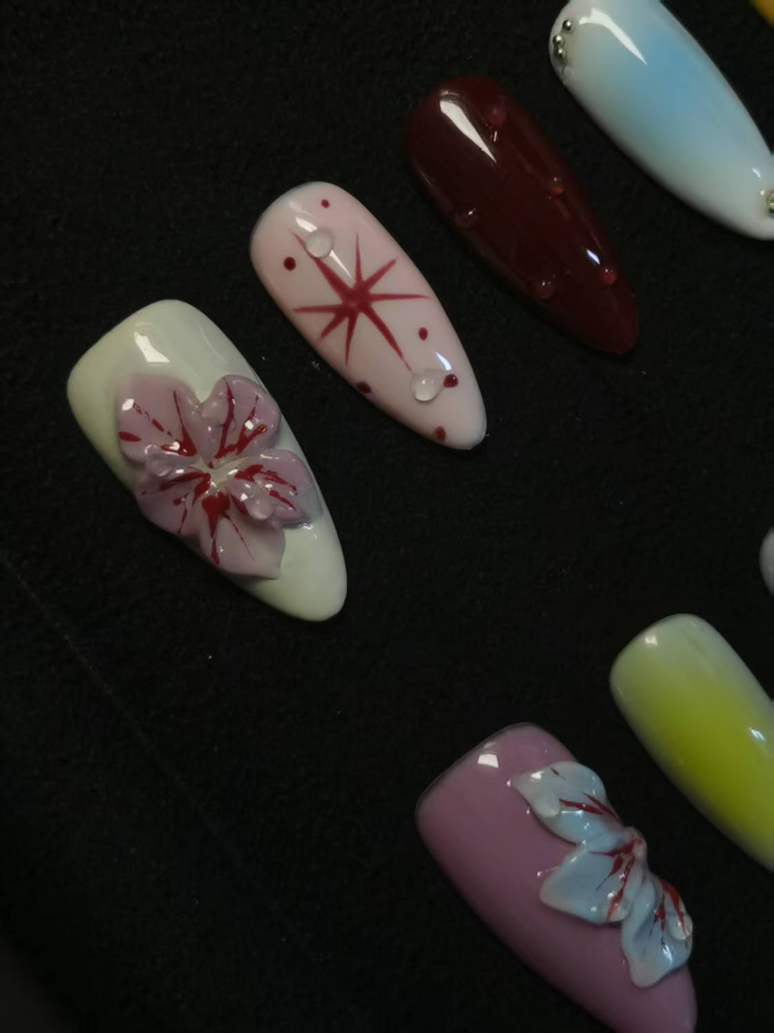 NO:1042 Acrylic 3D Flower Garden Design Press on nails Almond reusable durable trendy 2025