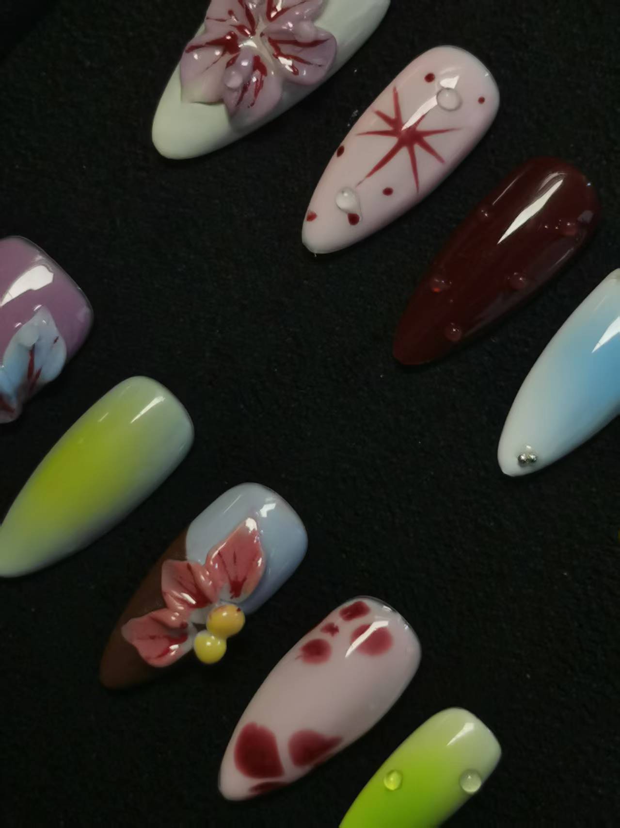 NO:1042 Acrylic 3D Flower Garden Design Press on nails Almond reusable durable trendy 2025