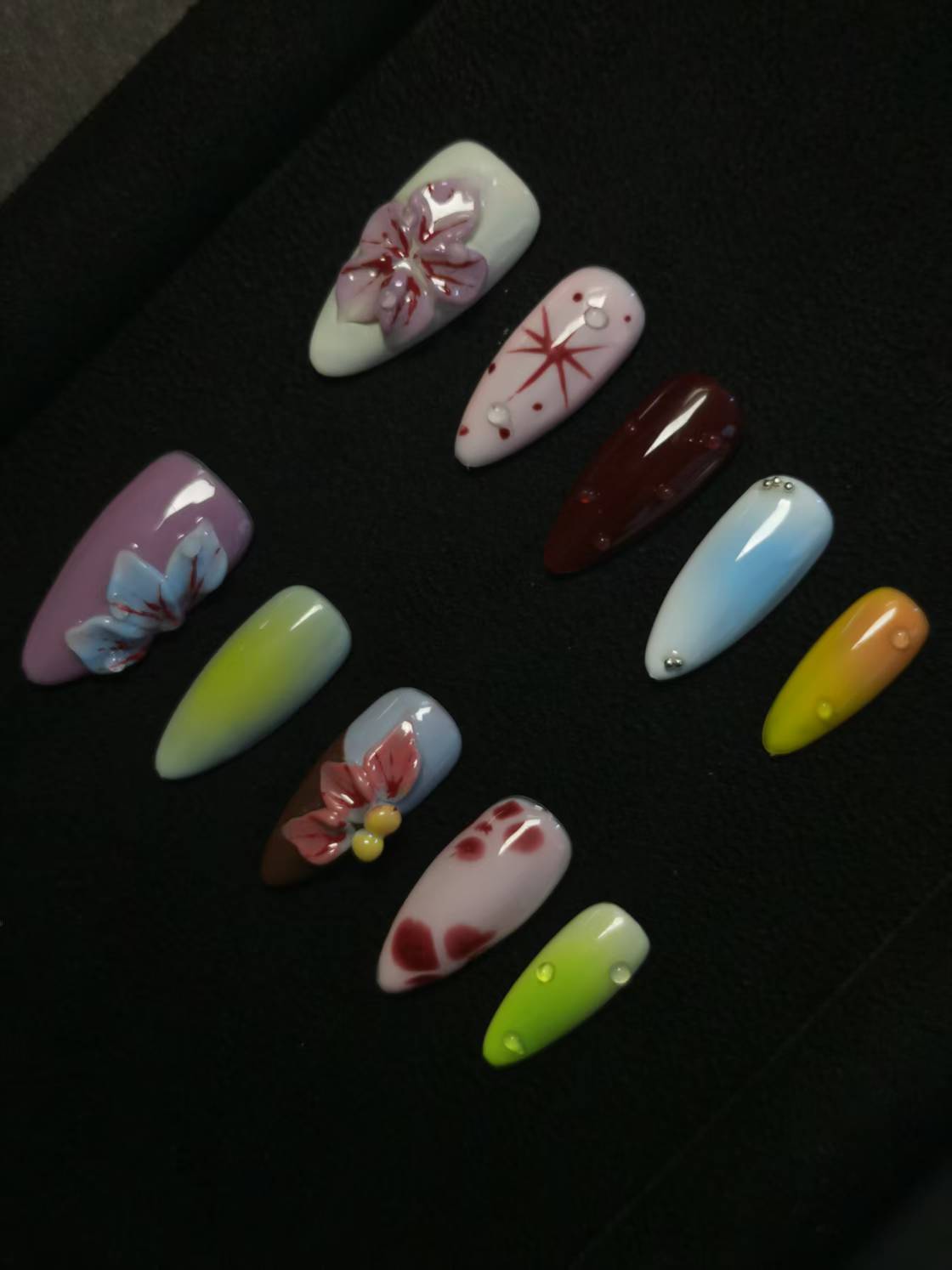 NO:1042 Acrylic 3D Flower Garden Design Press on nails Almond reusable durable trendy 2025