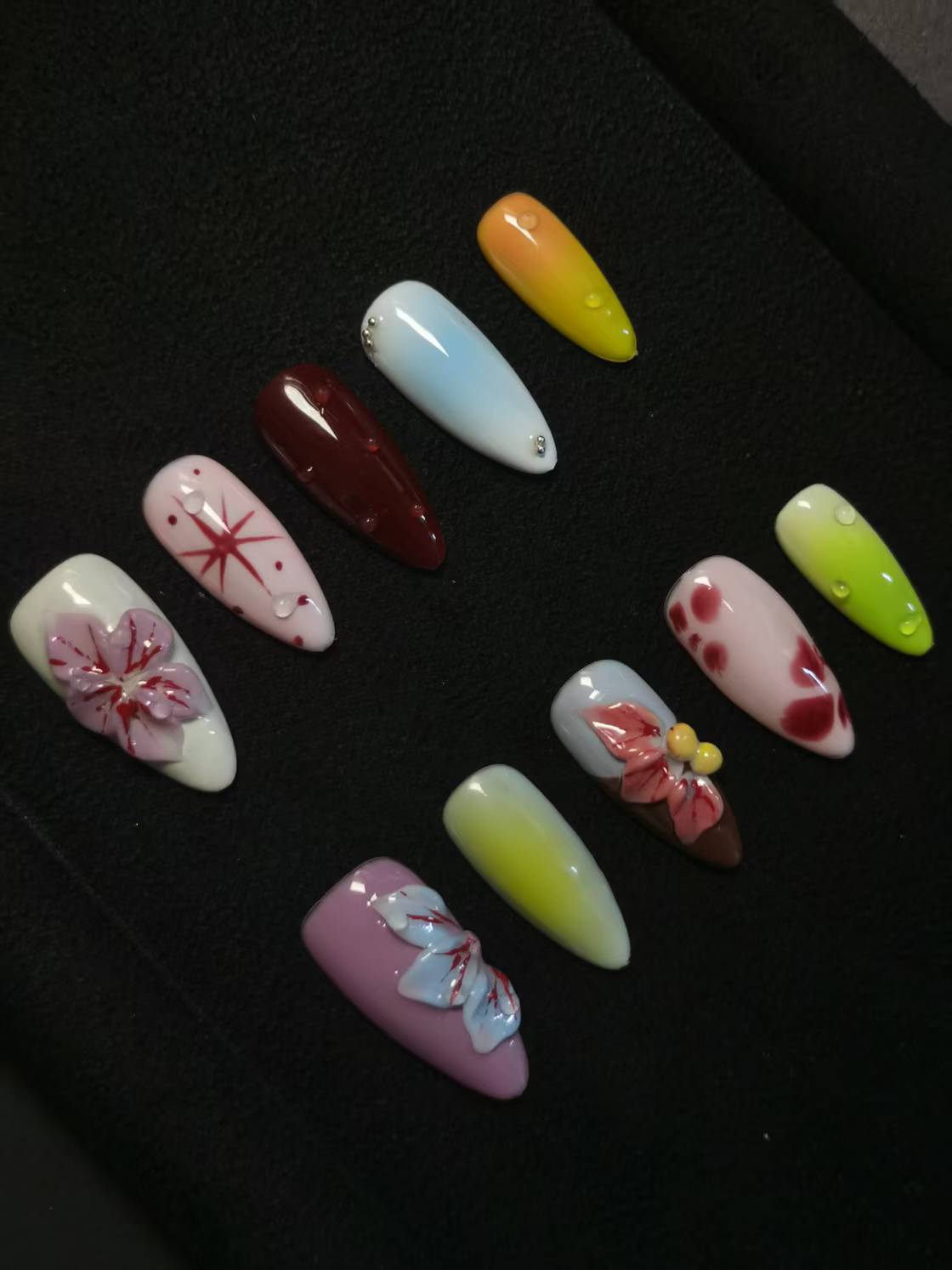 NO:1042 Acrylic 3D Flower Garden Design Press on nails Almond reusable durable trendy 2025