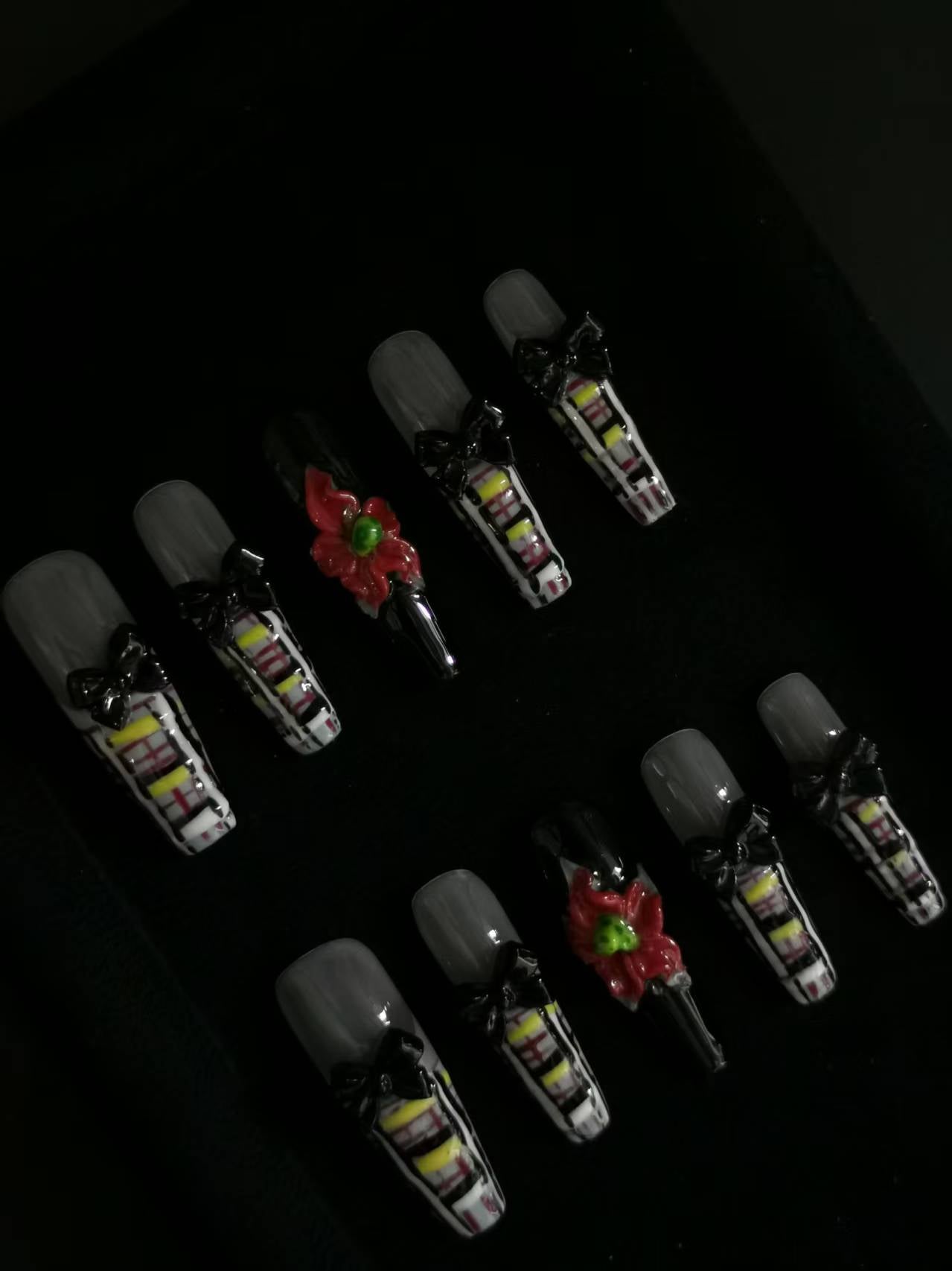 NO:1023 Acrylic 3D Flower bowknot Press on nails coffin square stiletto reusable durable trendy 2025