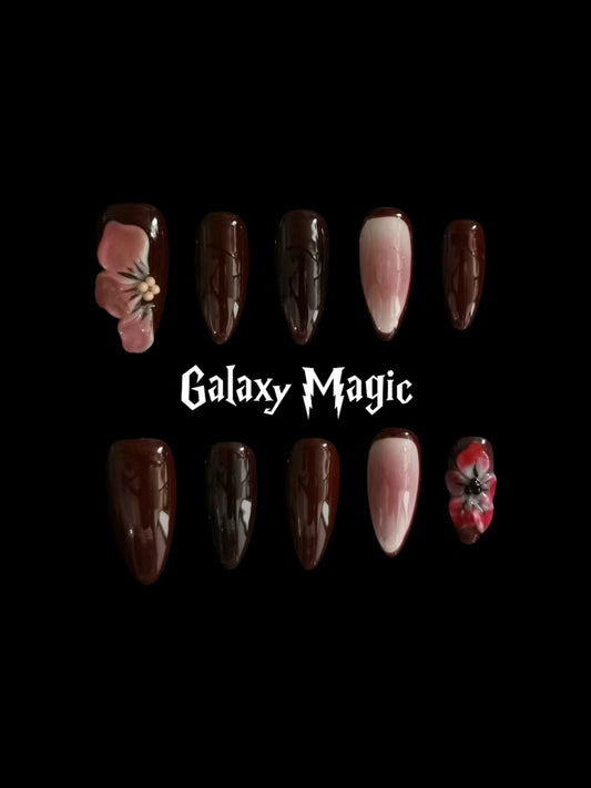 NO:1036 Acrylic 3D Flower red wine Press on nails almond reusable durable trendy 2025