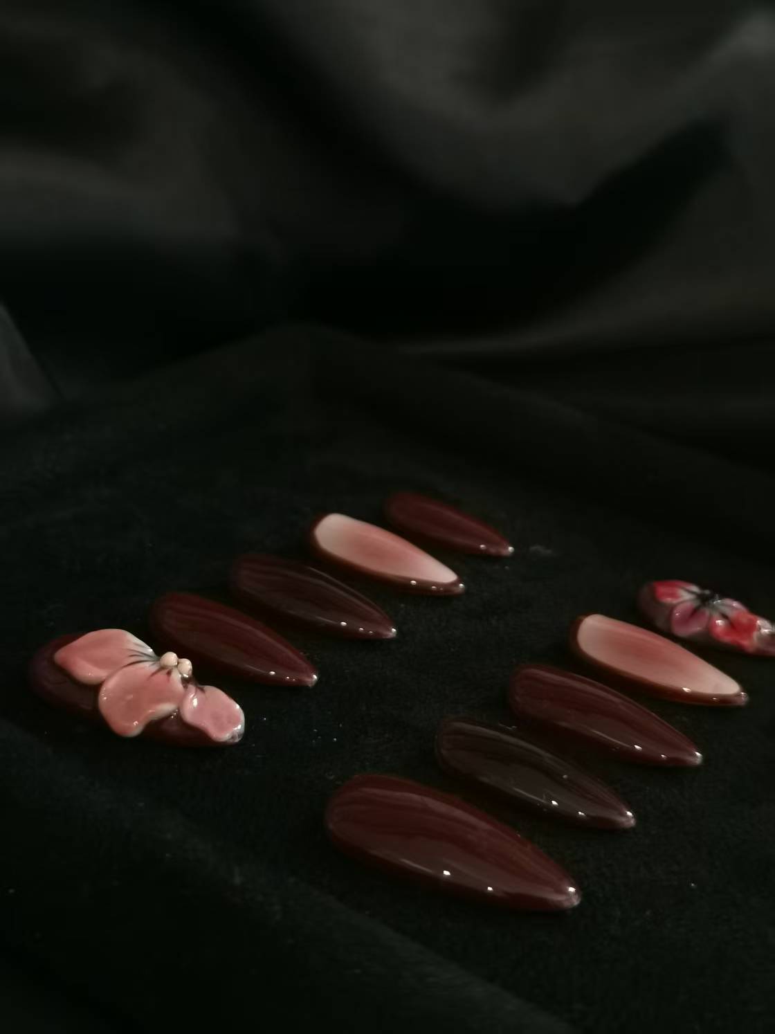 NO:1036 Acrylic 3D Flower red wine Press on nails almond reusable durable trendy 2025