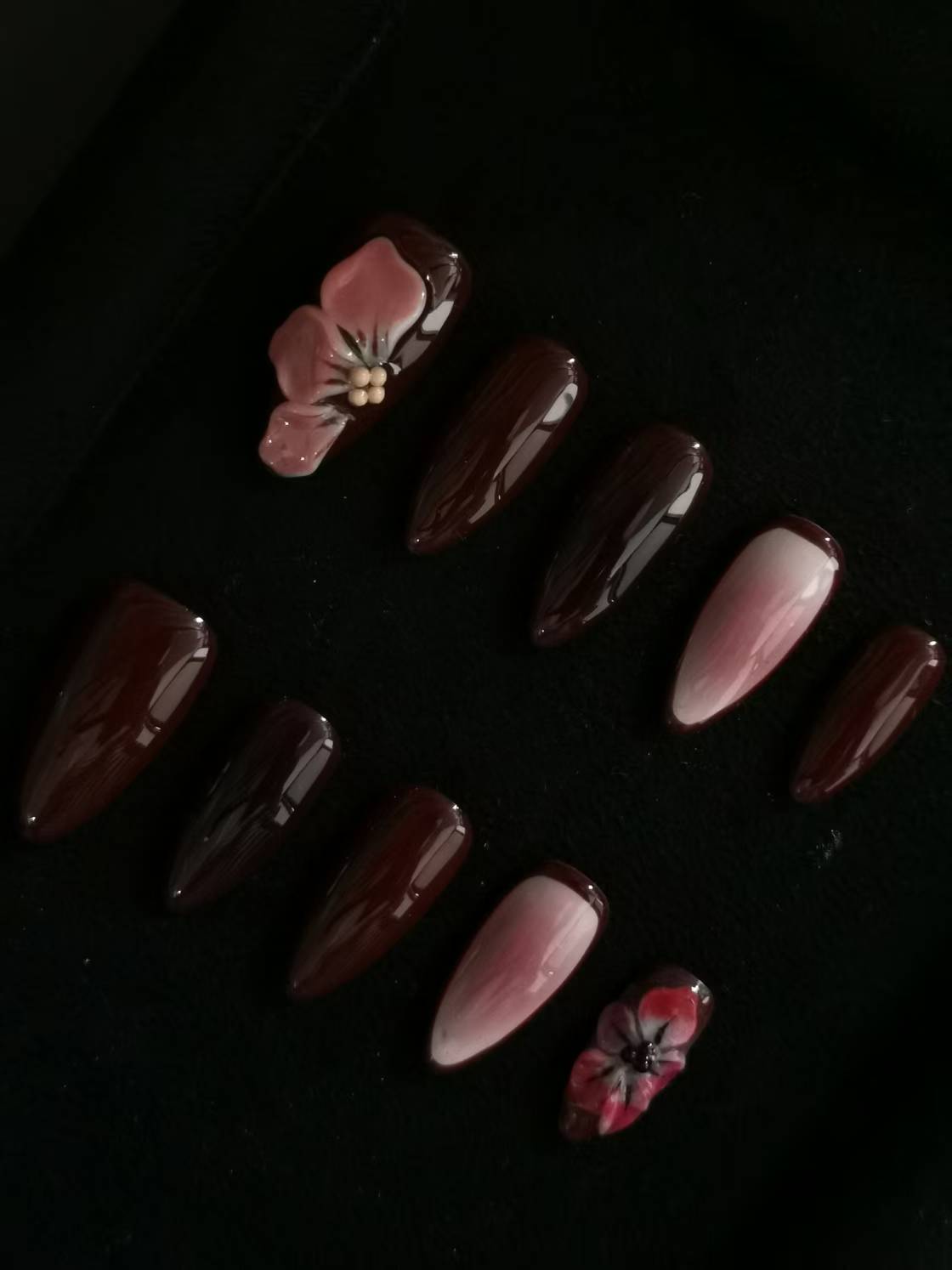 NO:1036 Acrylic 3D Flower red wine Press on nails almond reusable durable trendy 2025