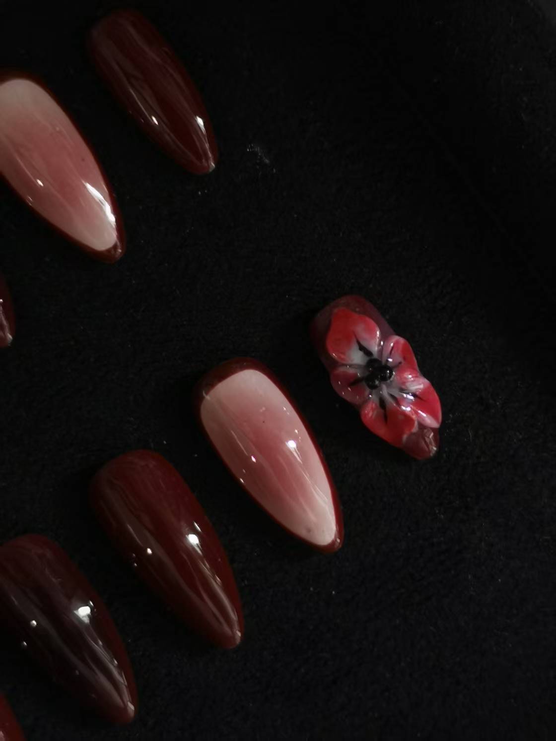 NO:1036 Acrylic 3D Flower red wine Press on nails almond reusable durable trendy 2025