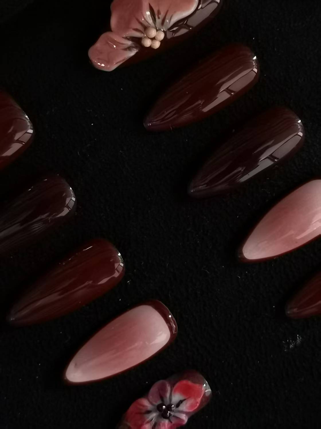 NO:1036 Acrylic 3D Flower red wine Press on nails almond reusable durable trendy 2025