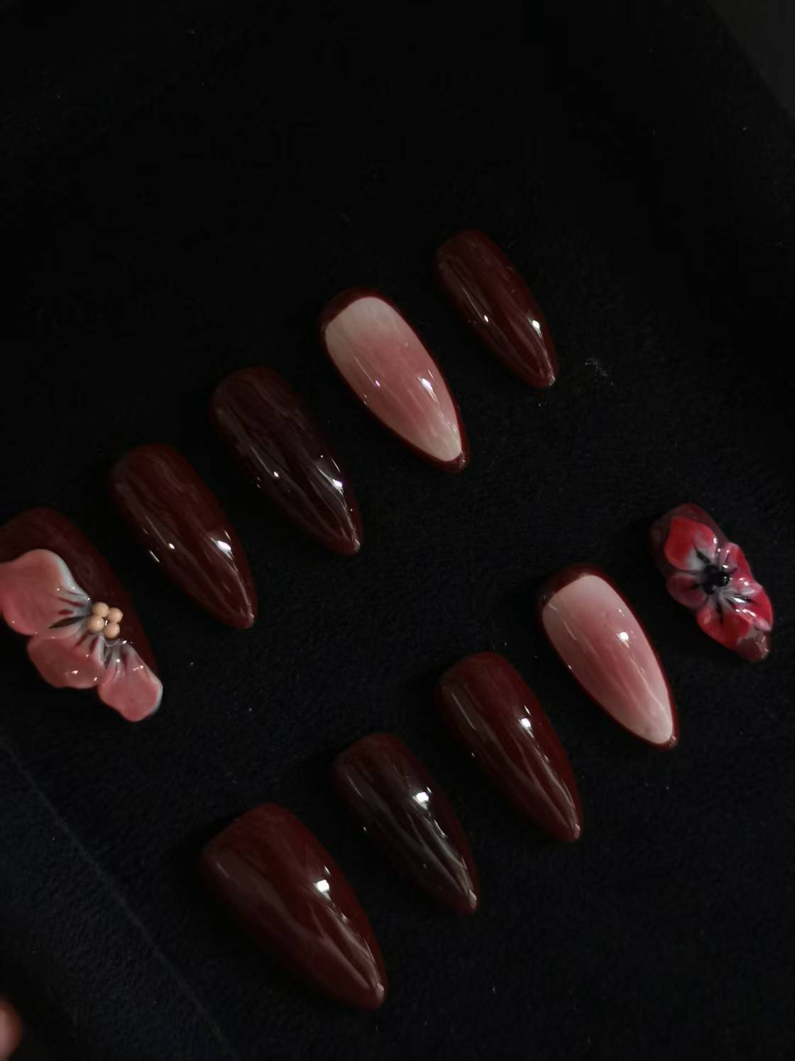NO:1036 Acrylic 3D Flower red wine Press on nails almond reusable durable trendy 2025