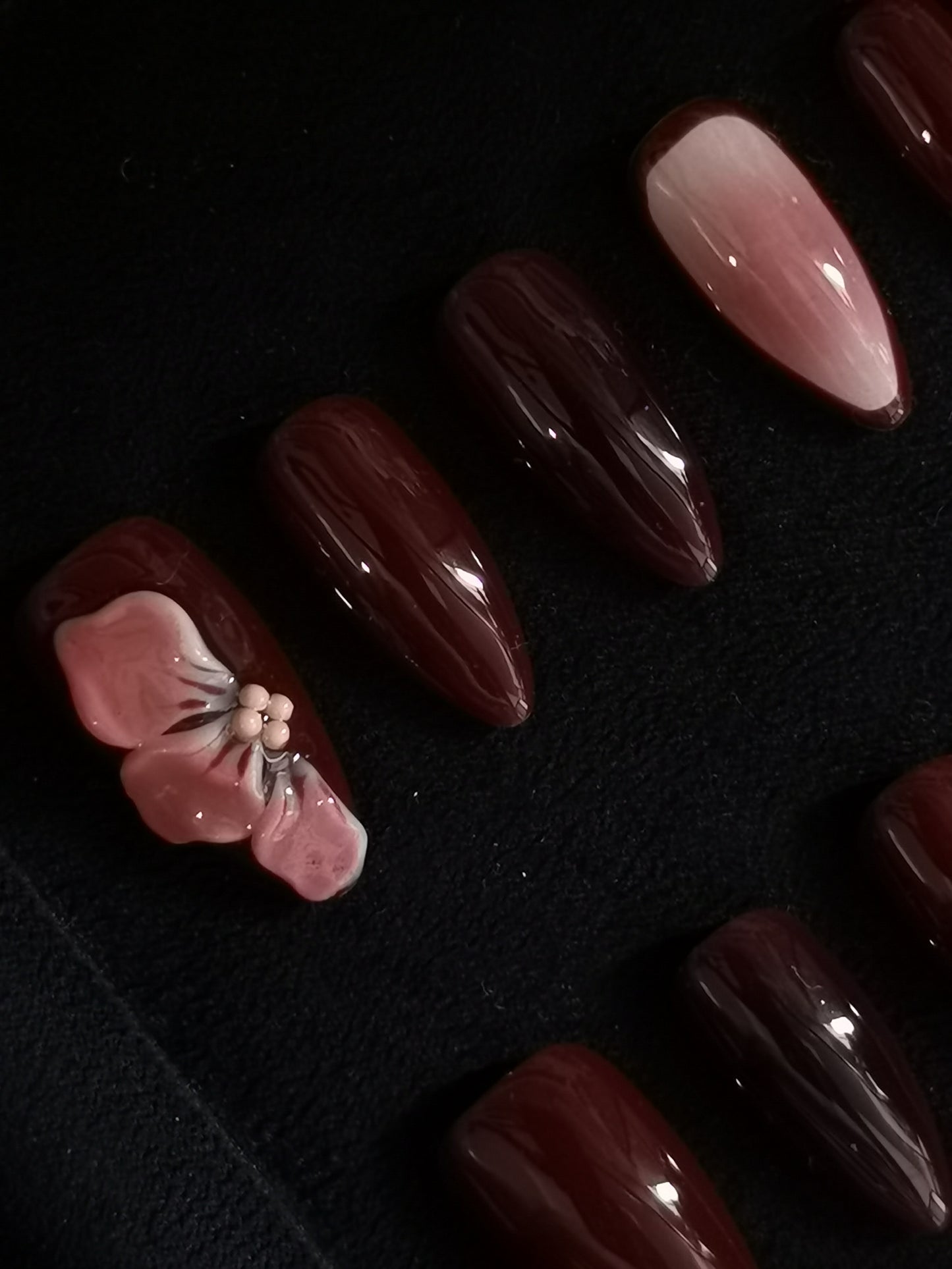 NO:1036 Acrylic 3D Flower red wine Press on nails almond reusable durable trendy 2025