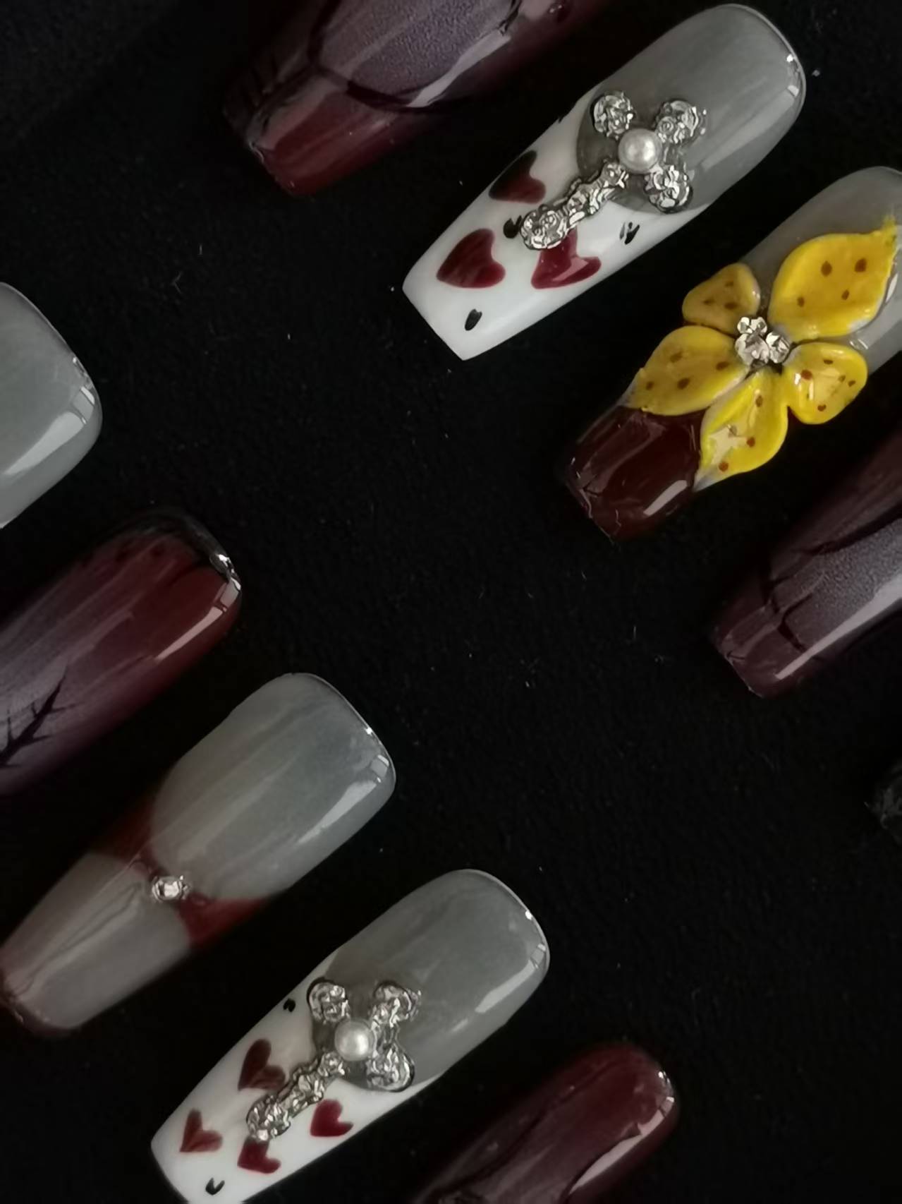 Handmade Acrylic 3D Flower design Press on nails coffin square stiletto reusable durable NO:1020
