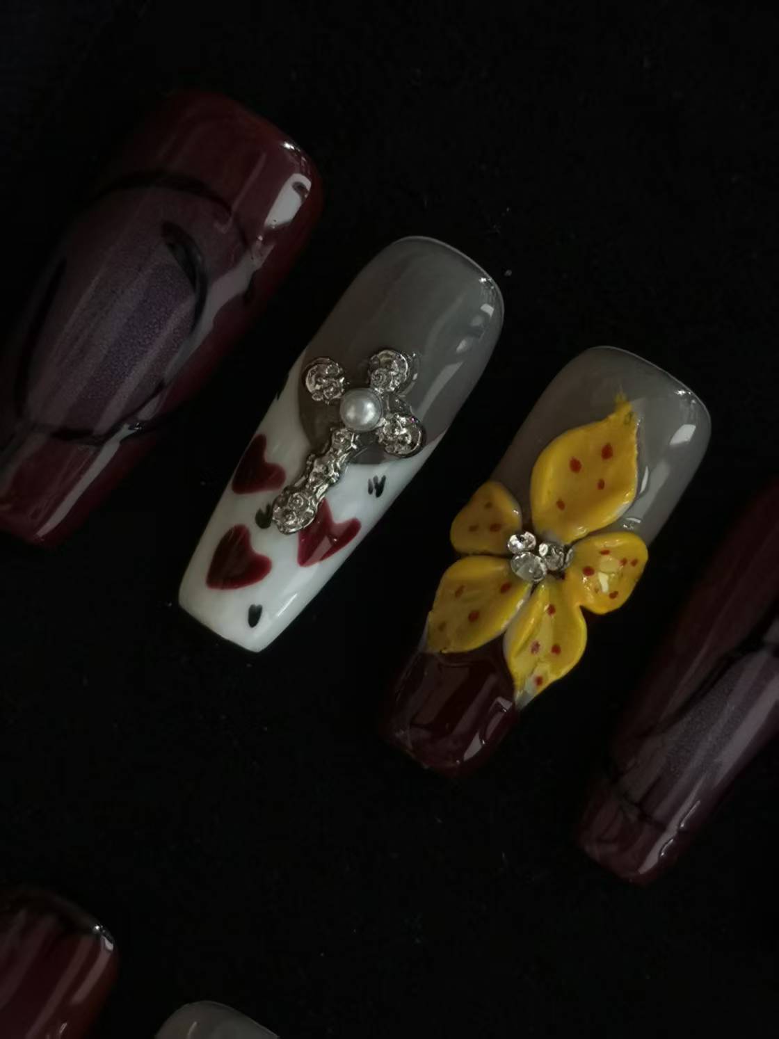 Handmade Acrylic 3D Flower design Press on nails coffin square stiletto reusable durable NO:1020