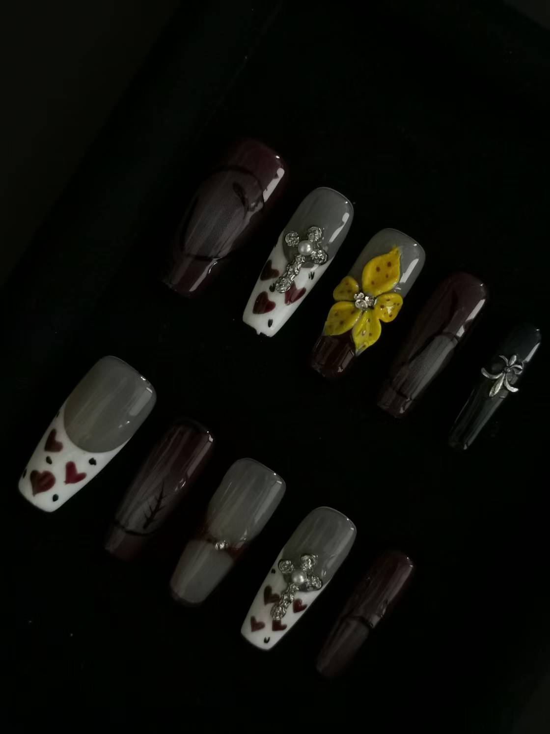 Handmade Acrylic 3D Flower design Press on nails coffin square stiletto reusable durable NO:1020