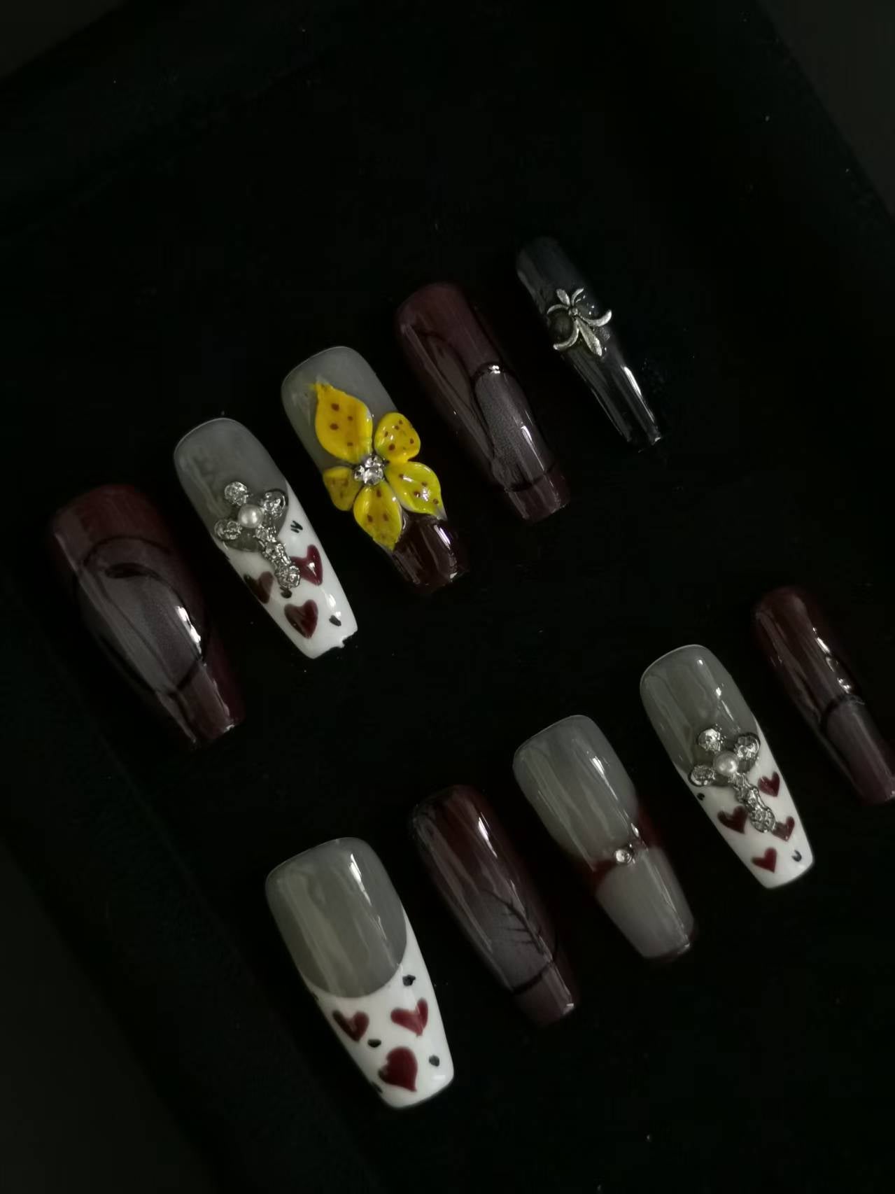 Handmade Acrylic 3D Flower design Press on nails coffin square stiletto reusable durable NO:1020