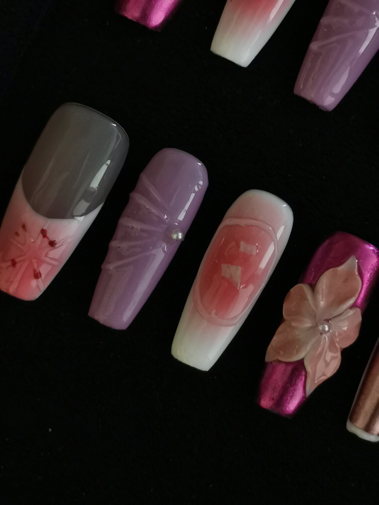 NO:1002 Acrylic 3D Flower Metallic Press on nails coffin square stiletto reusable durable trendy 2025