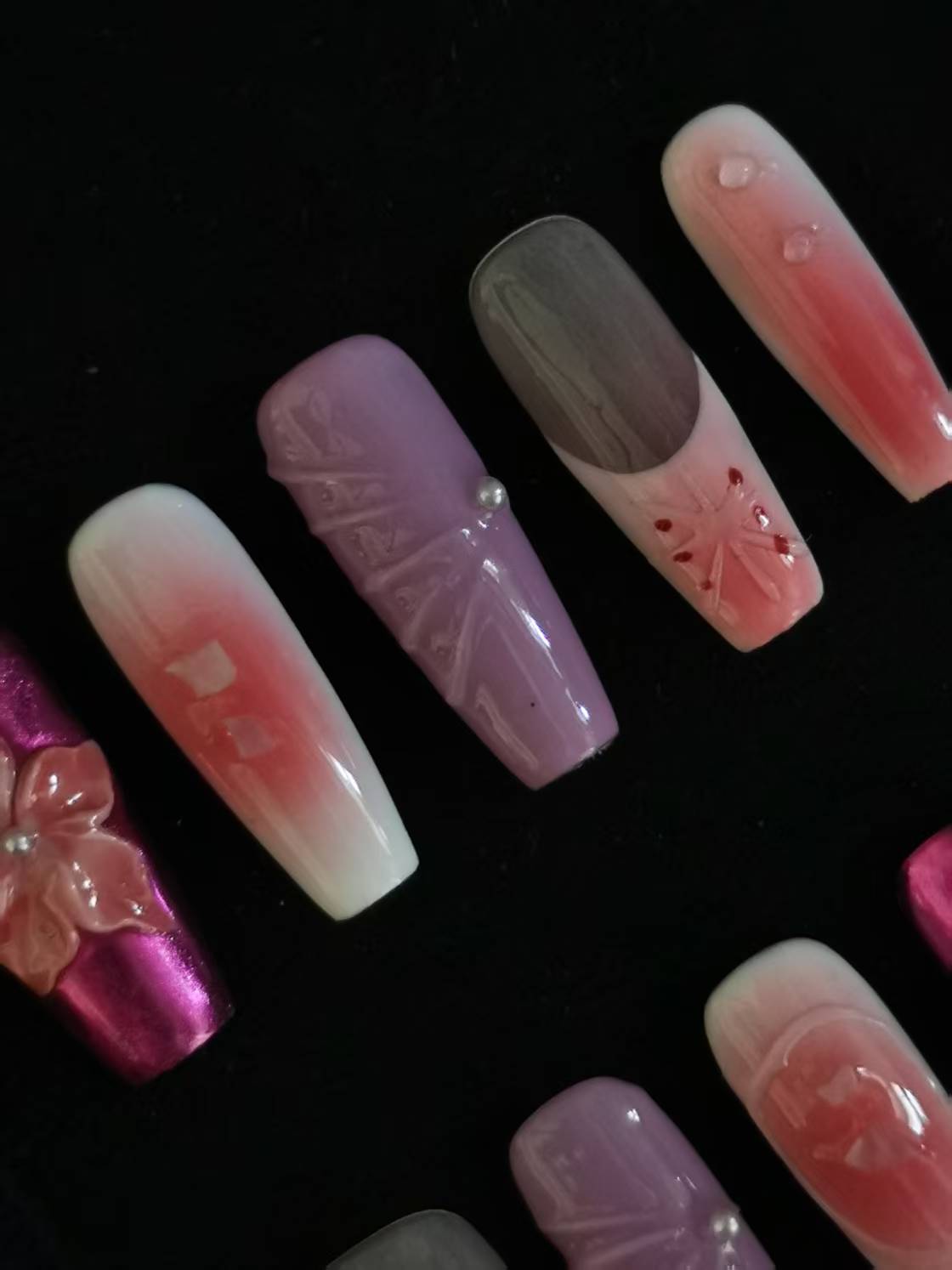 NO:1002 Acrylic 3D Flower Metallic Press on nails coffin square stiletto reusable durable trendy 2025
