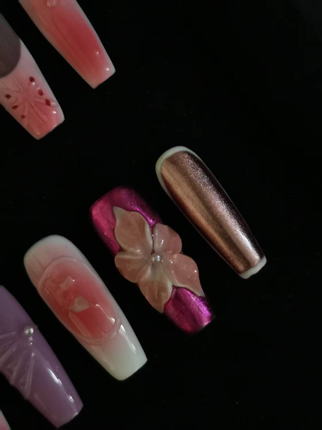 NO:1002 Acrylic 3D Flower Metallic Press on nails coffin square stiletto reusable durable trendy 2025