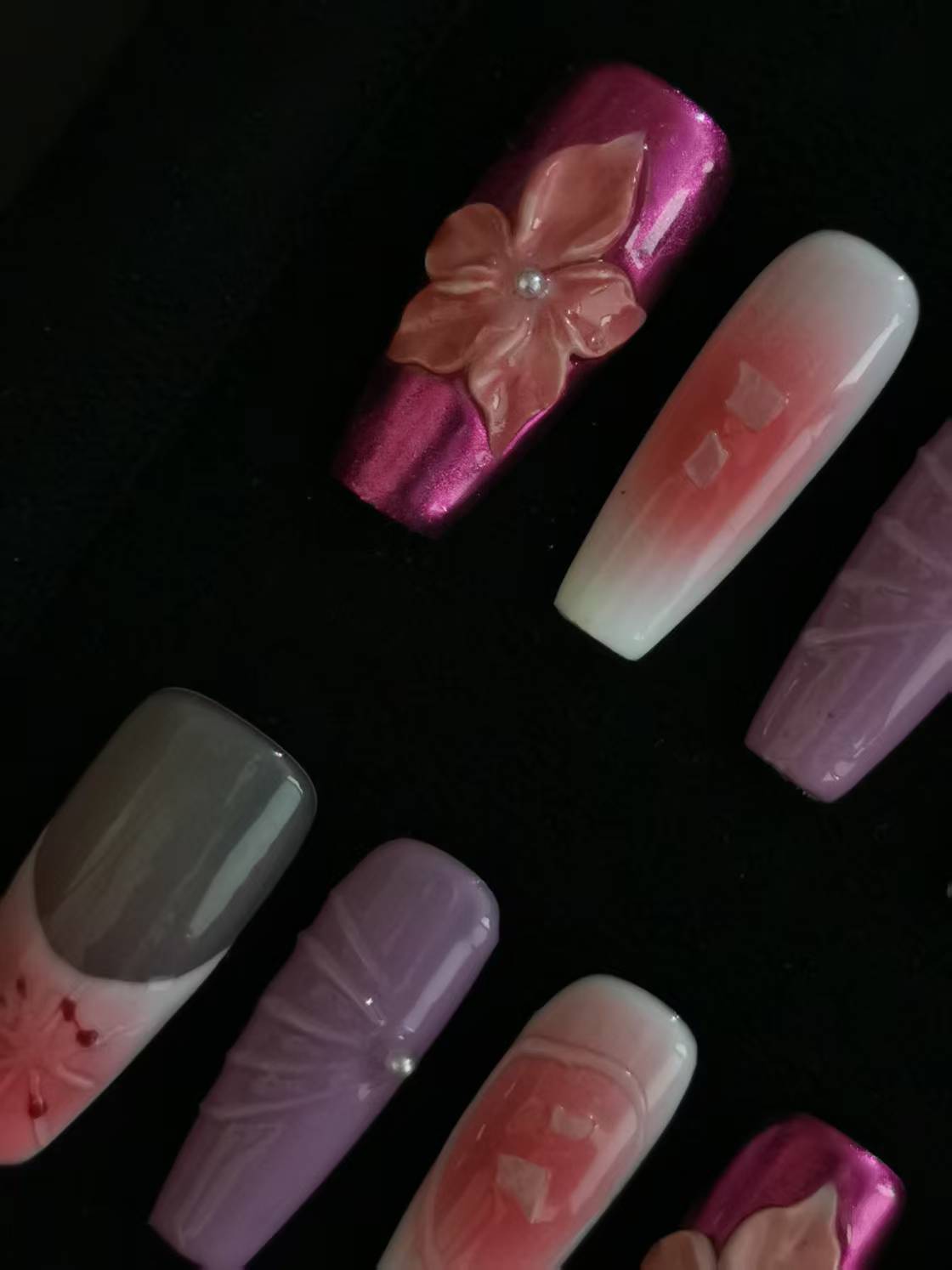 NO:1002 Acrylic 3D Flower Metallic Press on nails coffin square stiletto reusable durable trendy 2025