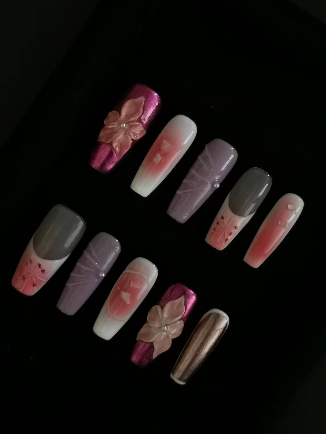 NO:1002 Acrylic 3D Flower Metallic Press on nails coffin square stiletto reusable durable trendy 2025