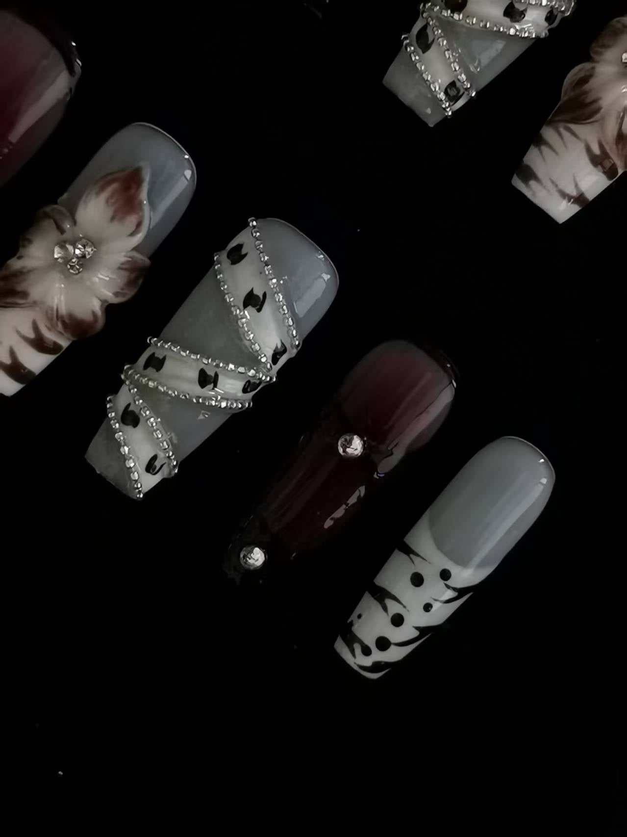 NO:1012 Acrylic 3D Flower Belt design Press on nails coffin square stiletto reusable durable trendy 2025