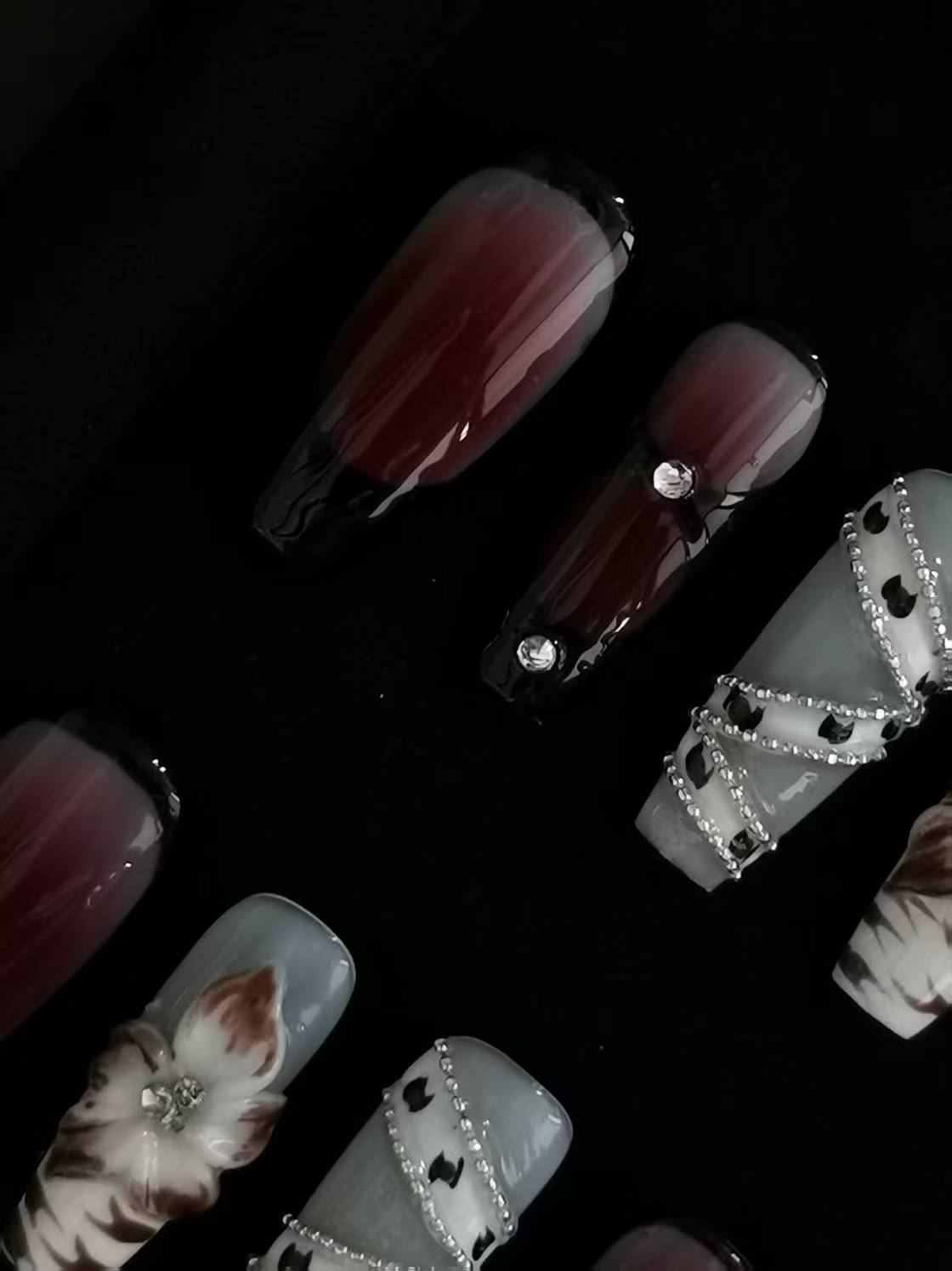 NO:1012 Acrylic 3D Flower Belt design Press on nails coffin square stiletto reusable durable trendy 2025