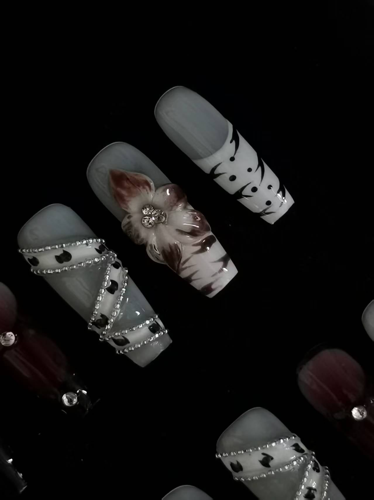 NO:1012 Acrylic 3D Flower Belt design Press on nails coffin square stiletto reusable durable trendy 2025
