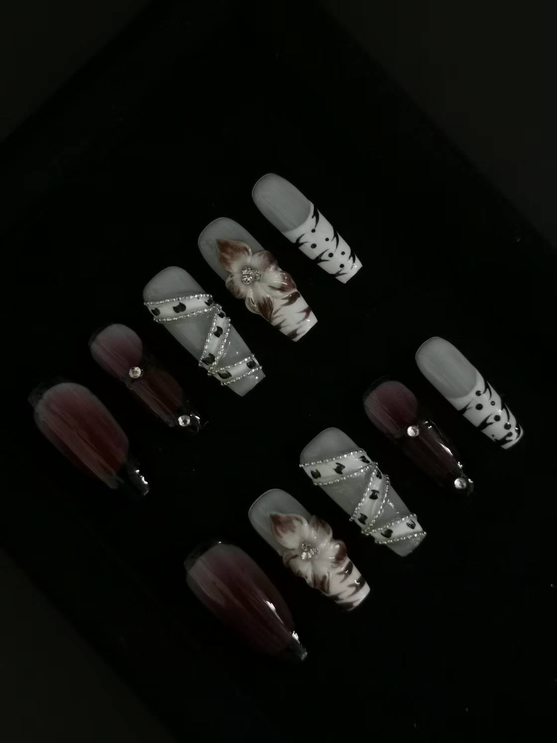 NO:1012 Acrylic 3D Flower Belt design Press on nails coffin square stiletto reusable durable trendy 2025