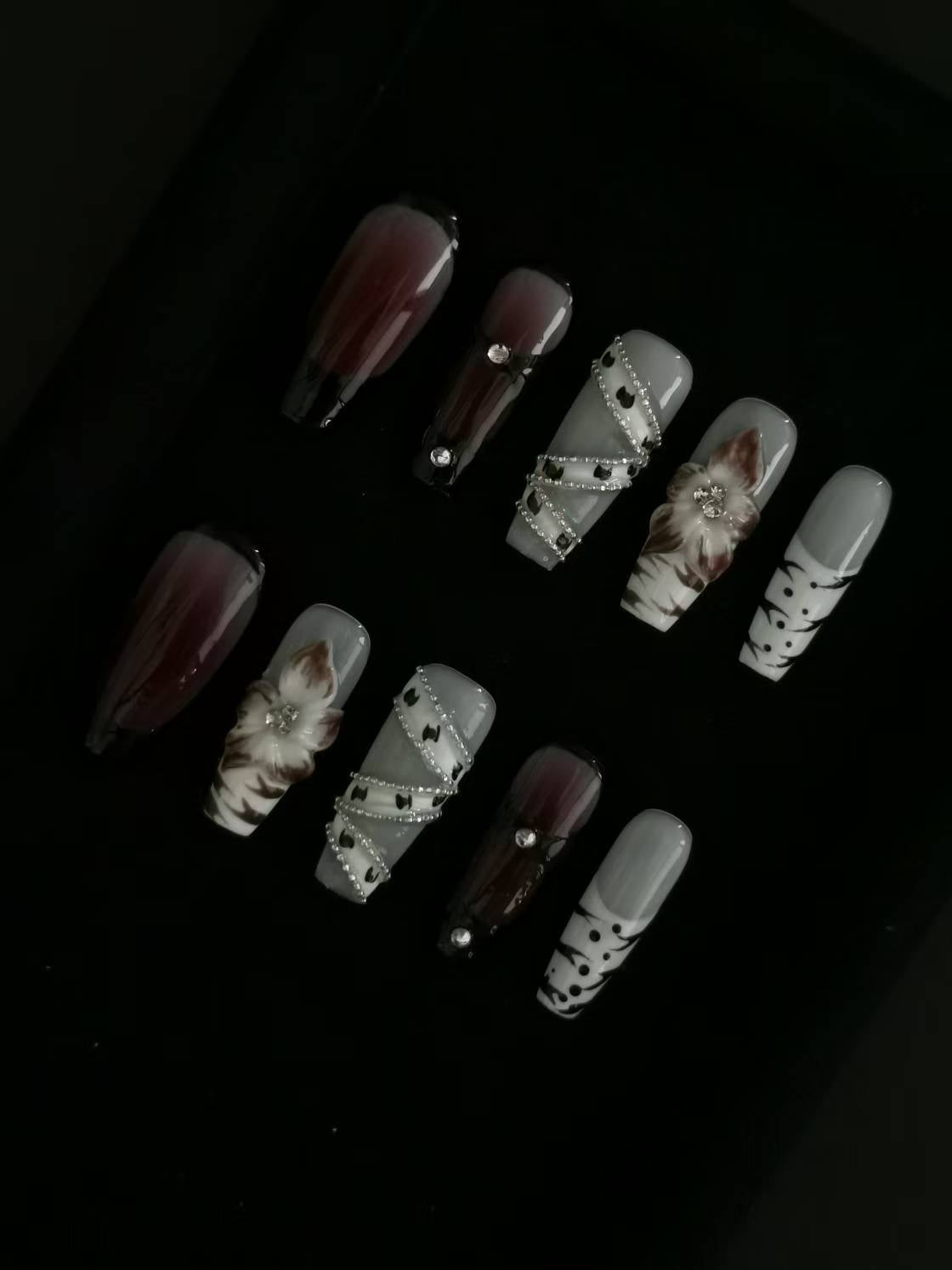 NO:1012 Acrylic 3D Flower Belt design Press on nails coffin square stiletto reusable durable trendy 2025