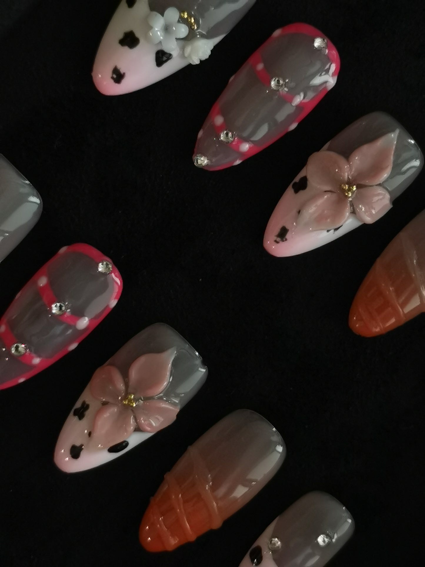 NO:1035 Acrylic  3D Flower  Press on nails almond reusable durable trendy 2025
