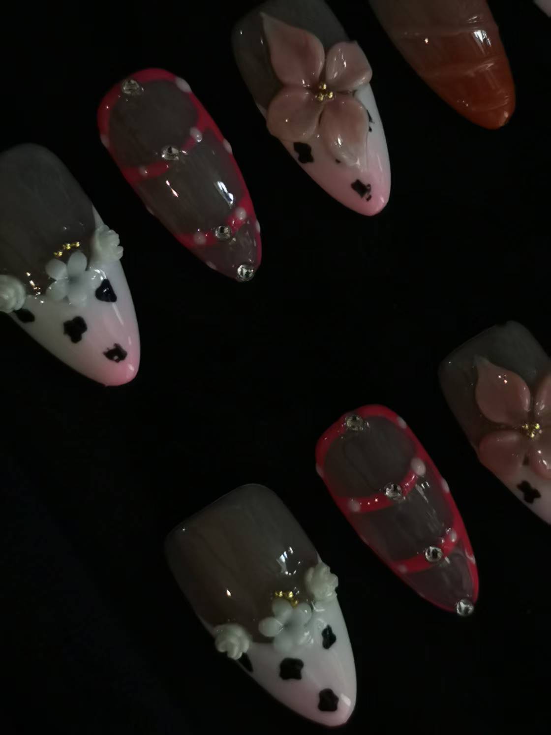 NO:1035 Acrylic  3D Flower  Press on nails almond reusable durable trendy 2025