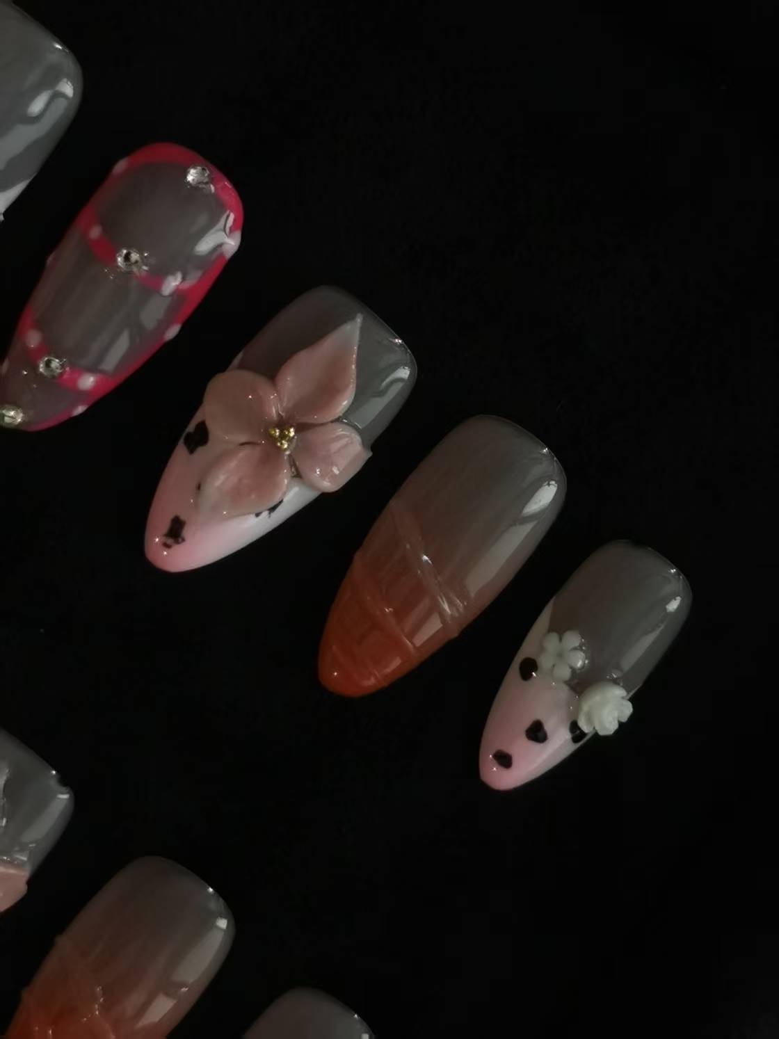 NO:1035 Acrylic  3D Flower  Press on nails almond reusable durable trendy 2025