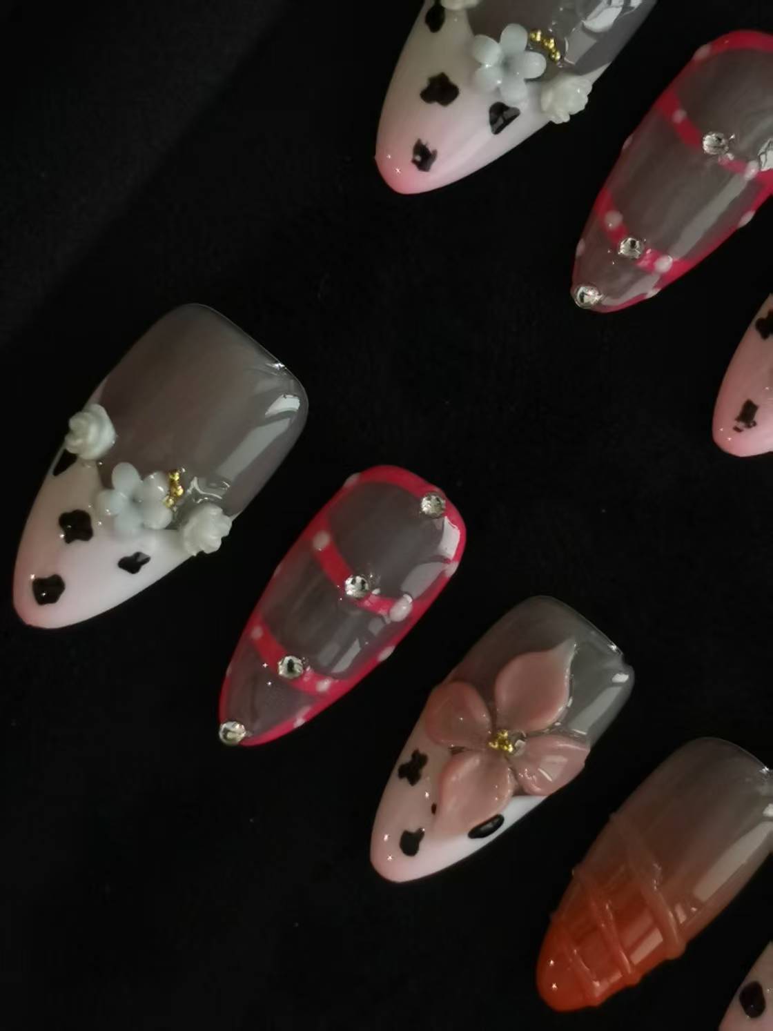 NO:1035 Acrylic  3D Flower  Press on nails almond reusable durable trendy 2025