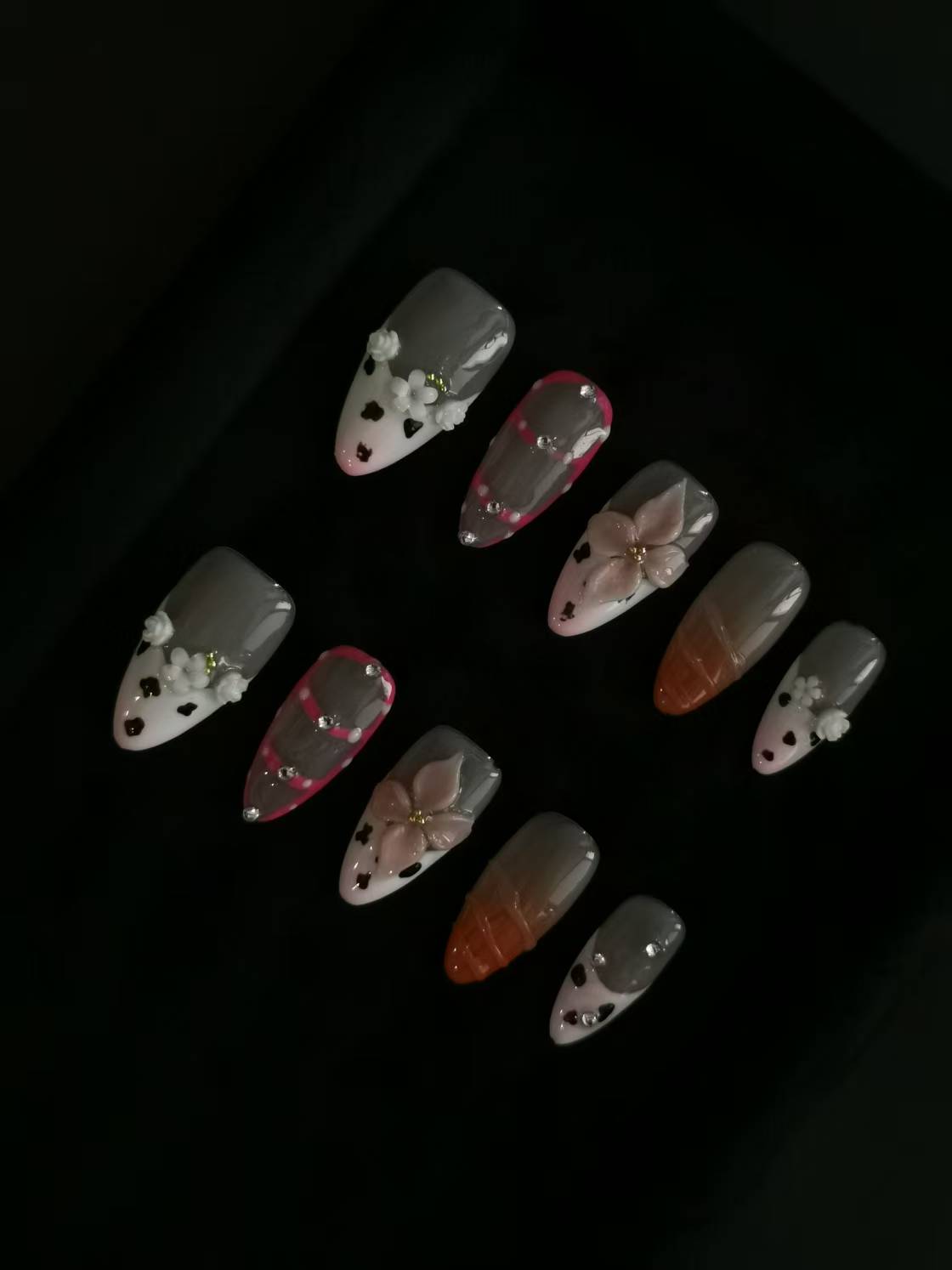 NO:1035 Acrylic  3D Flower  Press on nails almond reusable durable trendy 2025