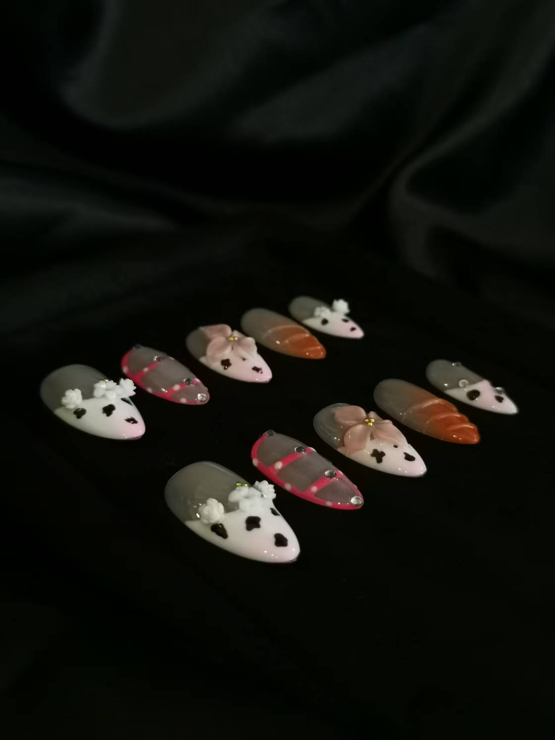 NO:1035 Acrylic  3D Flower  Press on nails almond reusable durable trendy 2025