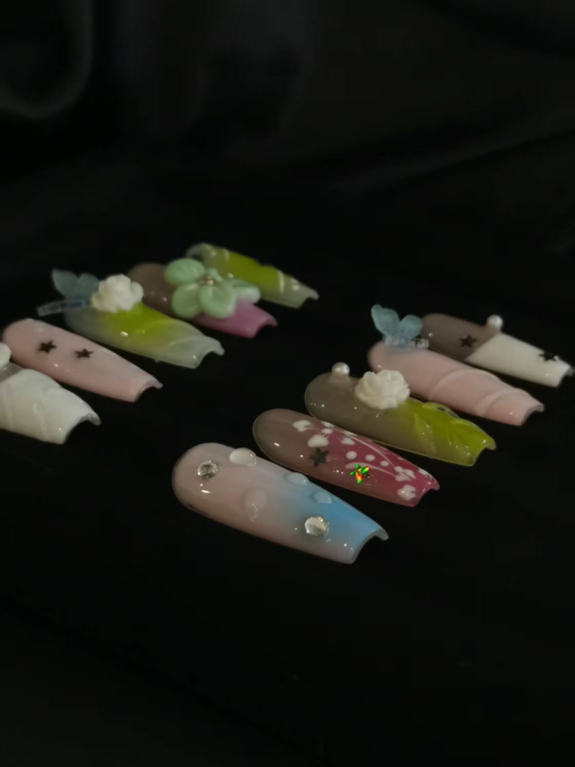 Handmade Acrylic 3D Flower macaron Press on nails coffin square stiletto reusable durable NO:1004