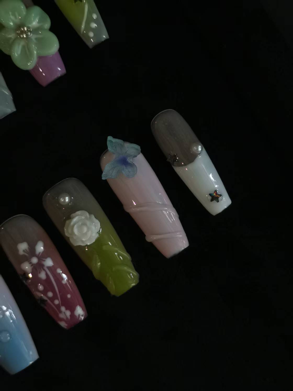 Handmade Acrylic 3D Flower macaron Press on nails coffin square stiletto reusable durable NO:1004