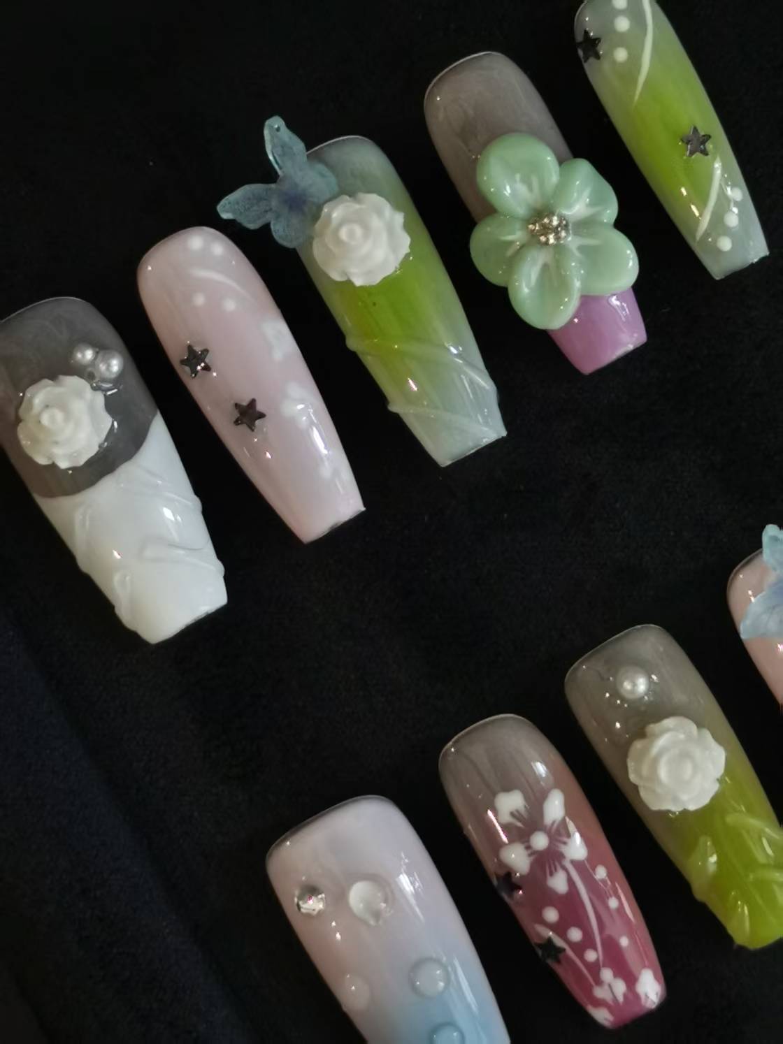 Handmade Acrylic 3D Flower macaron Press on nails coffin square stiletto reusable durable NO:1004