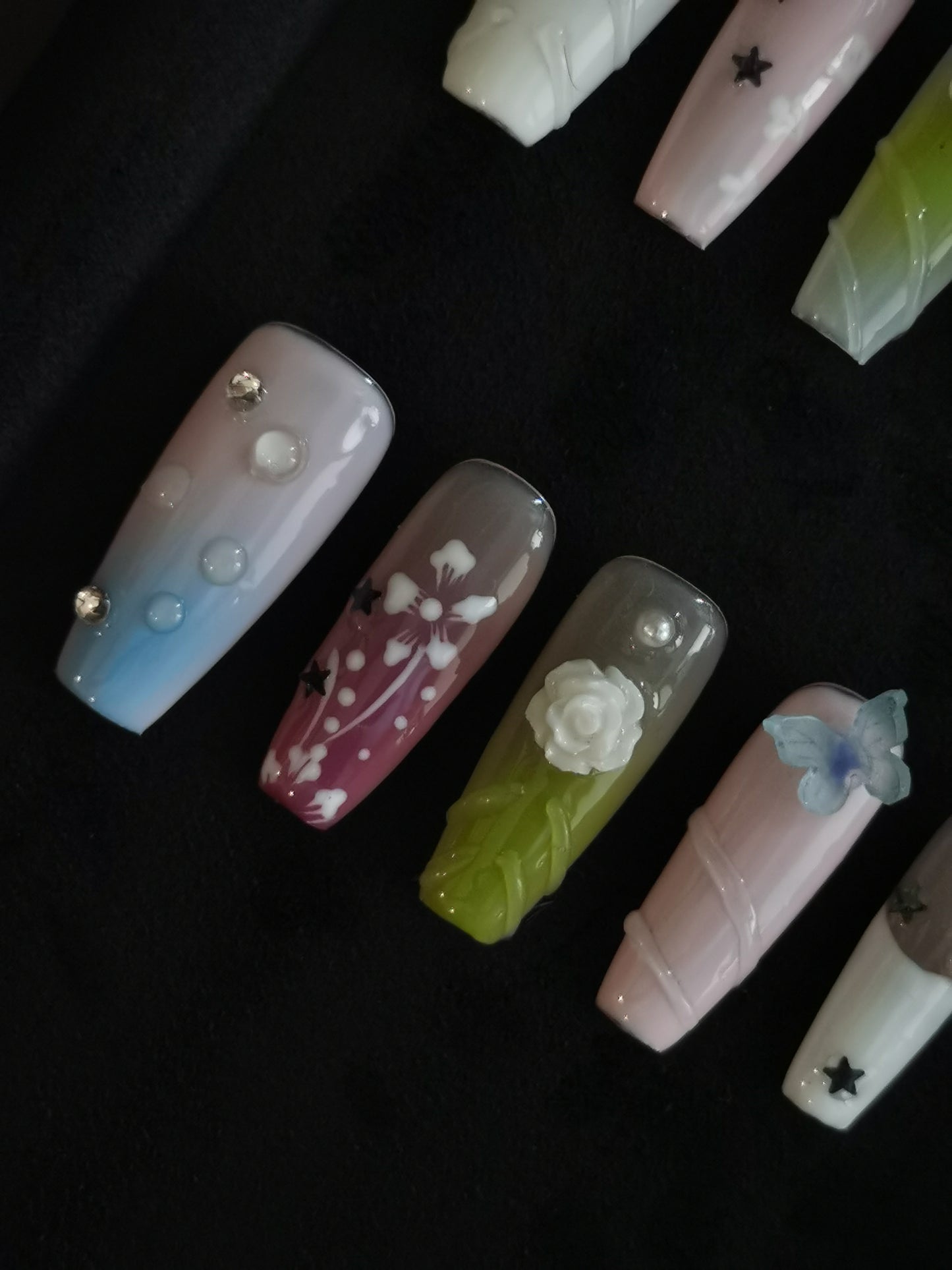 Handmade Acrylic 3D Flower macaron Press on nails coffin square stiletto reusable durable NO:1004