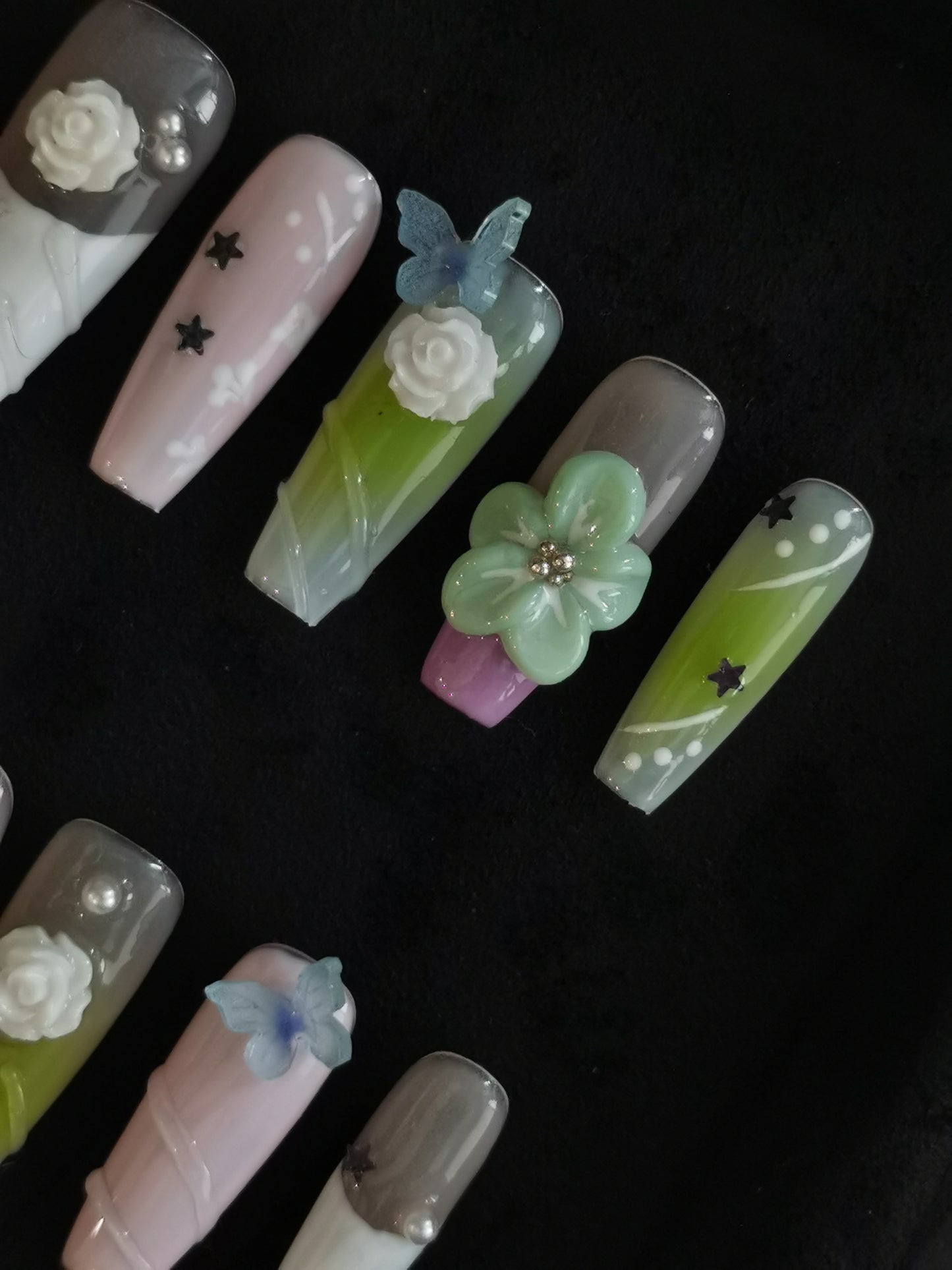 Handmade Acrylic 3D Flower macaron Press on nails coffin square stiletto reusable durable NO:1004