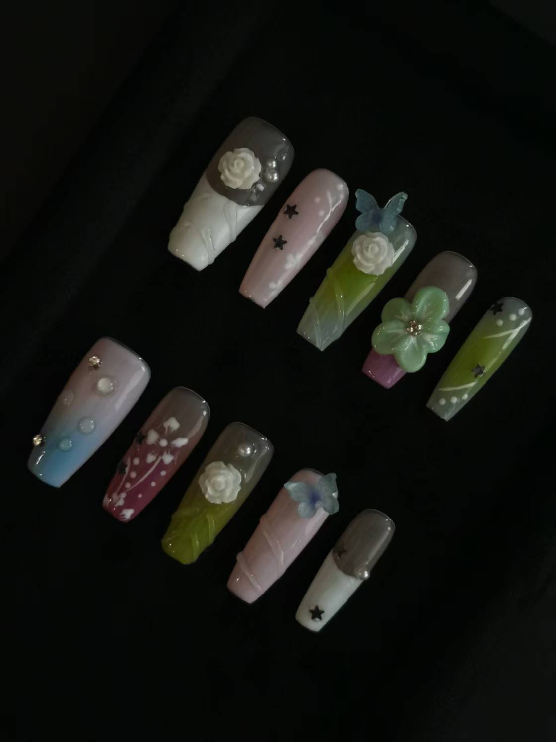 Handmade Acrylic 3D Flower macaron Press on nails coffin square stiletto reusable durable NO:1004