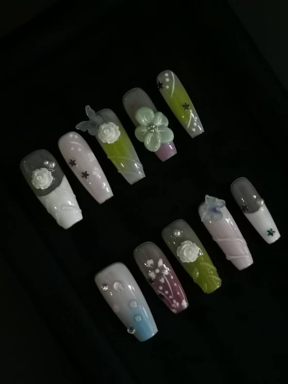 Handmade Acrylic 3D Flower macaron Press on nails coffin square stiletto reusable durable NO:1004