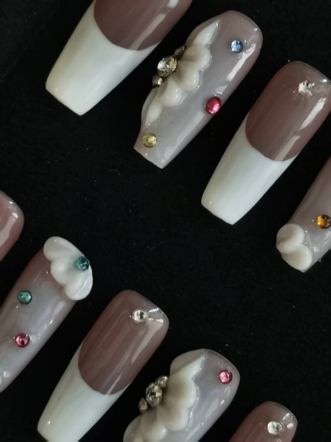 Handmade Acrylic 3D Flower Metallic Press on nails coffin stiletto reusable durable NO:1003