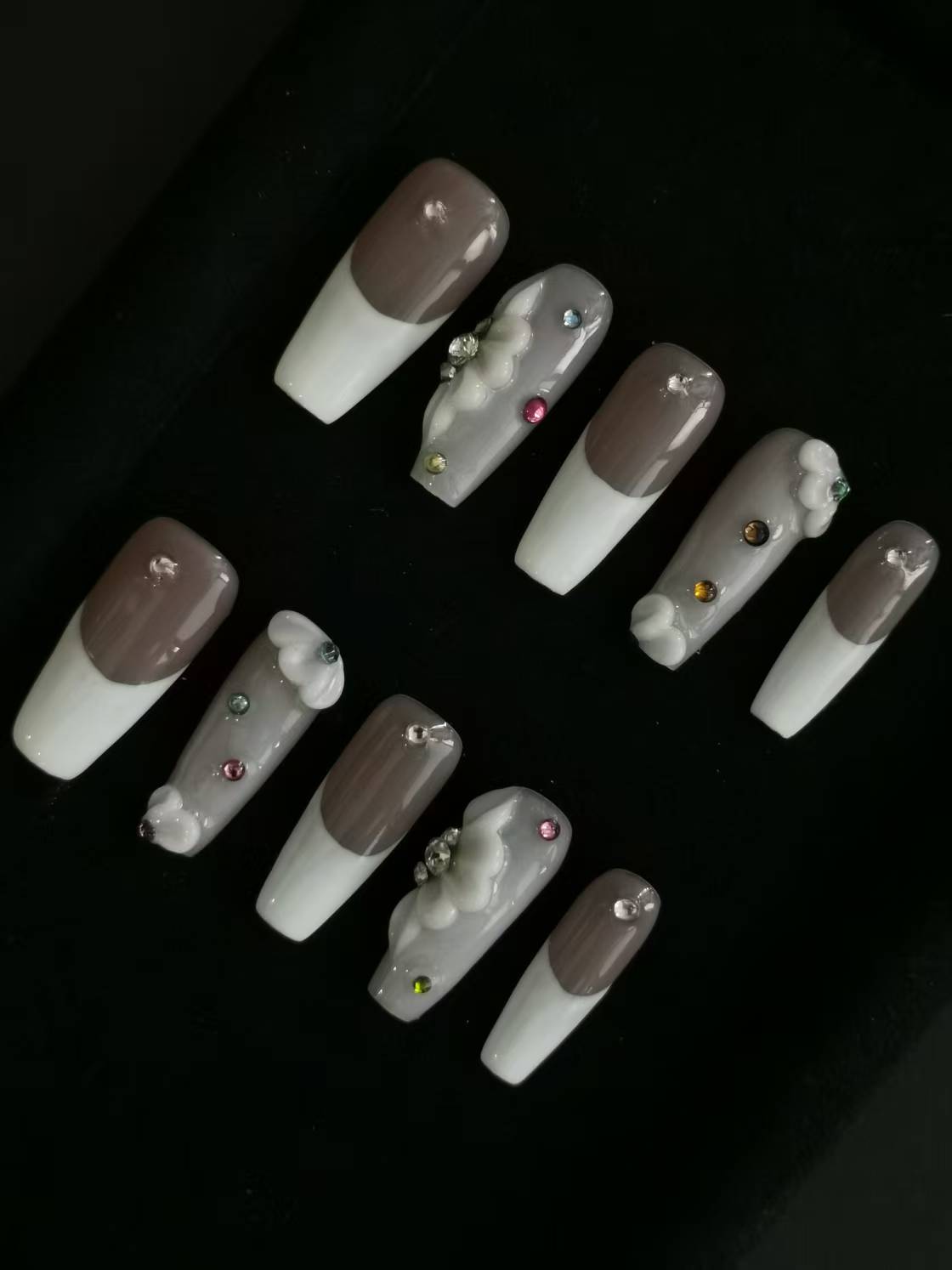 Handmade Acrylic 3D Flower Metallic Press on nails coffin stiletto reusable durable NO:1003