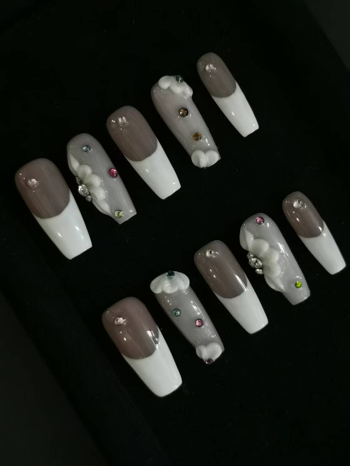 Handmade Acrylic 3D Flower Metallic Press on nails coffin stiletto reusable durable NO:1003