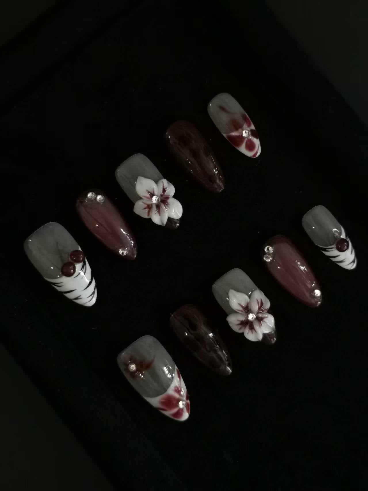 NO:1033 Acrylic  3D Flower  Press on nails almond reusable durable trendy 2025