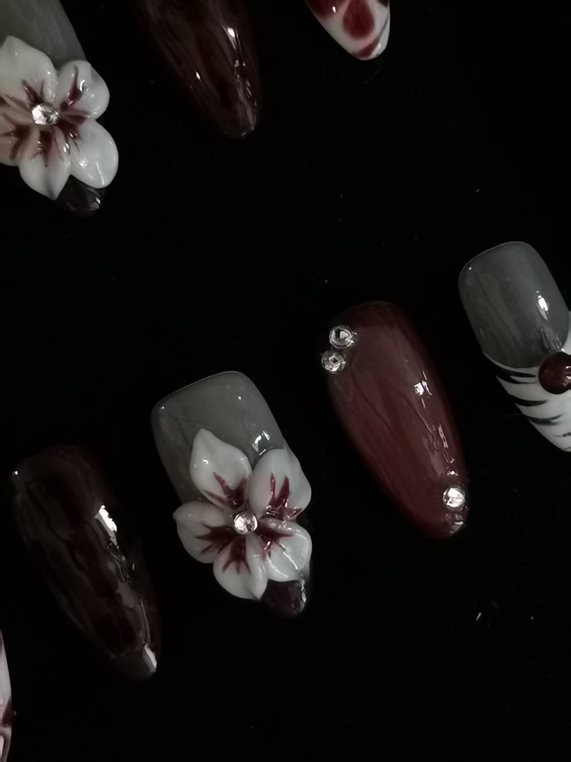 NO:1033 Acrylic  3D Flower  Press on nails almond reusable durable trendy 2025
