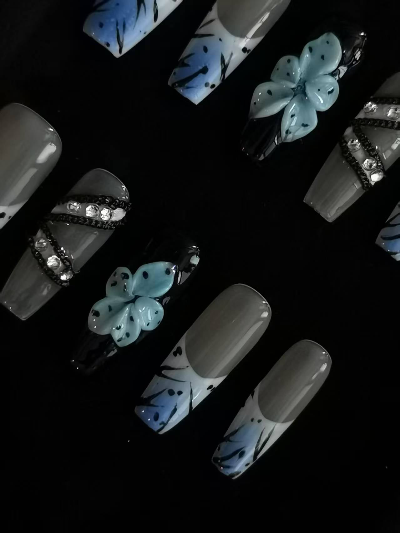 Handmade Acrylic 3D Flower Belt design Press on nails coffin square stiletto reusable durable NO:1027