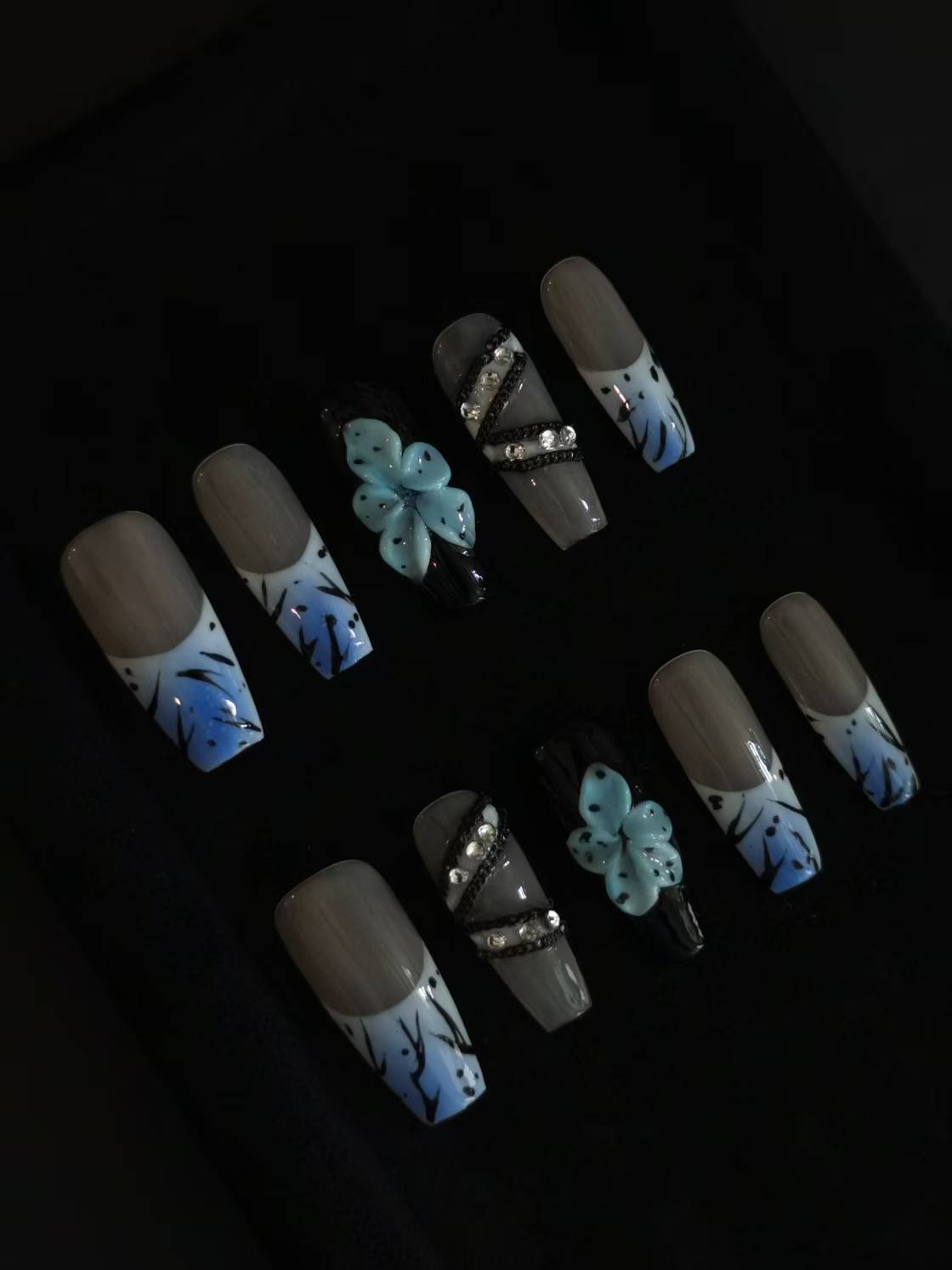 Handmade Acrylic 3D Flower Belt design Press on nails coffin square stiletto reusable durable NO:1027