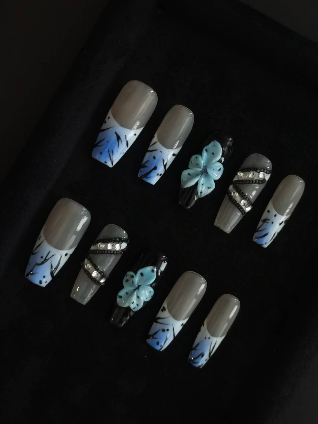 Handmade Acrylic 3D Flower Belt design Press on nails coffin square stiletto reusable durable NO:1027